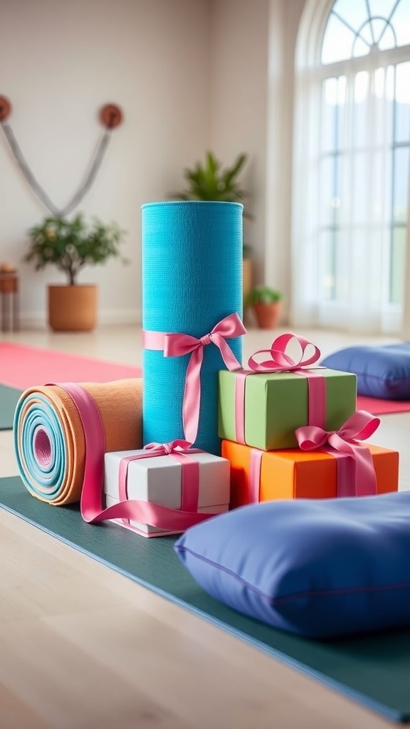A collection of yoga gifts including a mat, blocks, and a meditation cushion in a tranquil yoga studio.